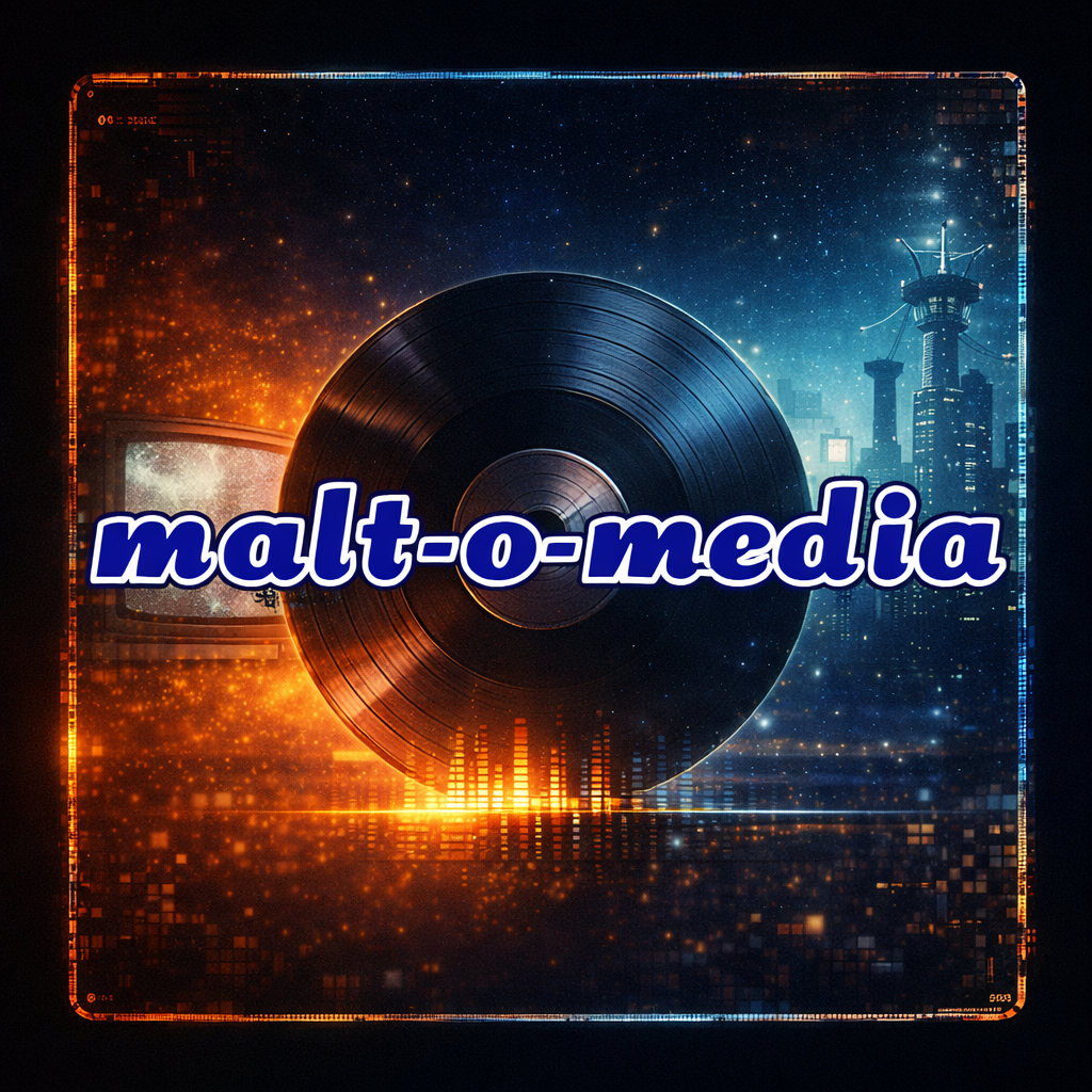 Malt-o-Media cover art: a vinyl record against a city-and-cosmos backdrop.